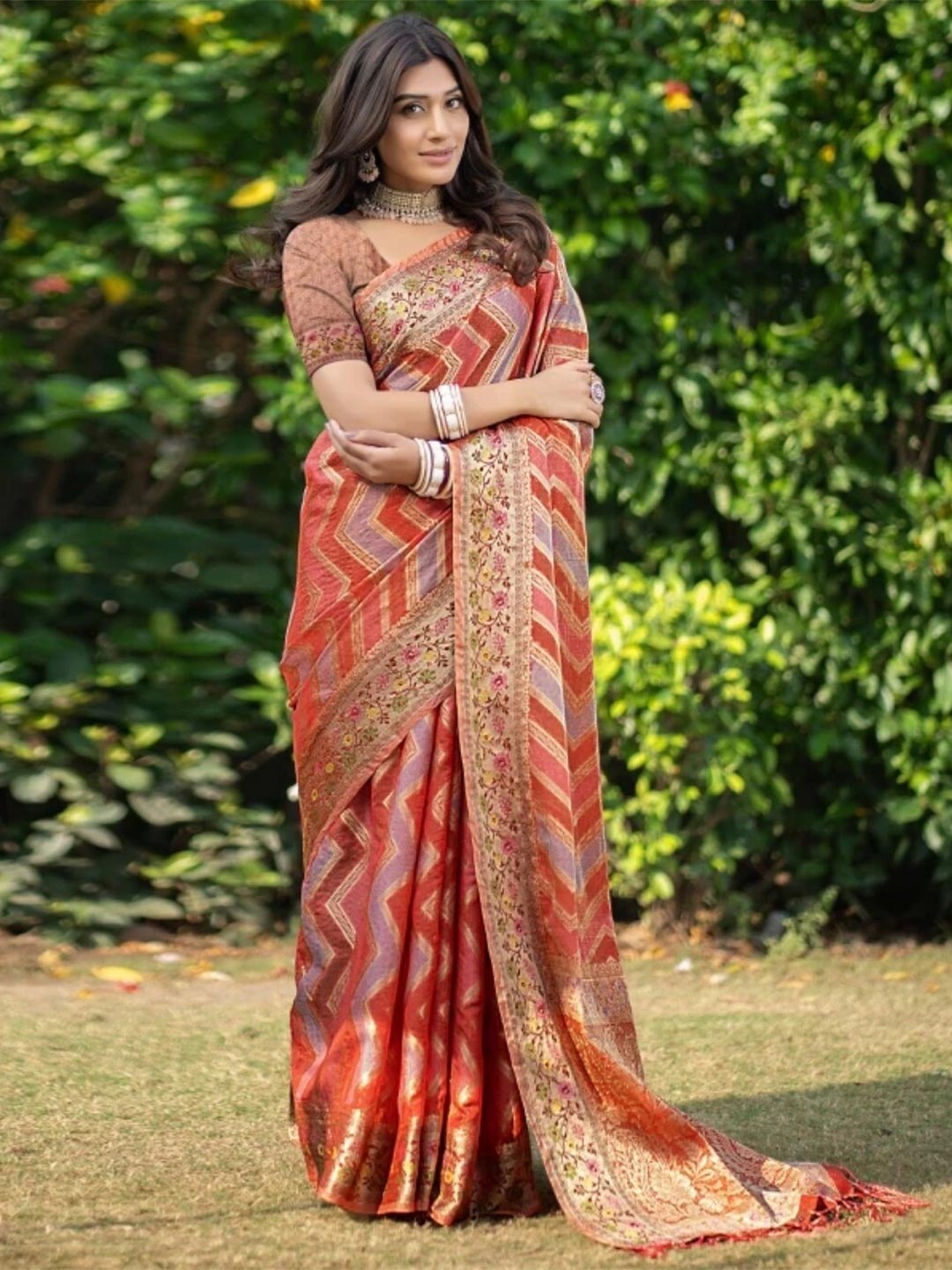 

K 5 Fashion Geometric Woven Design Zari Organza Saree, Orange