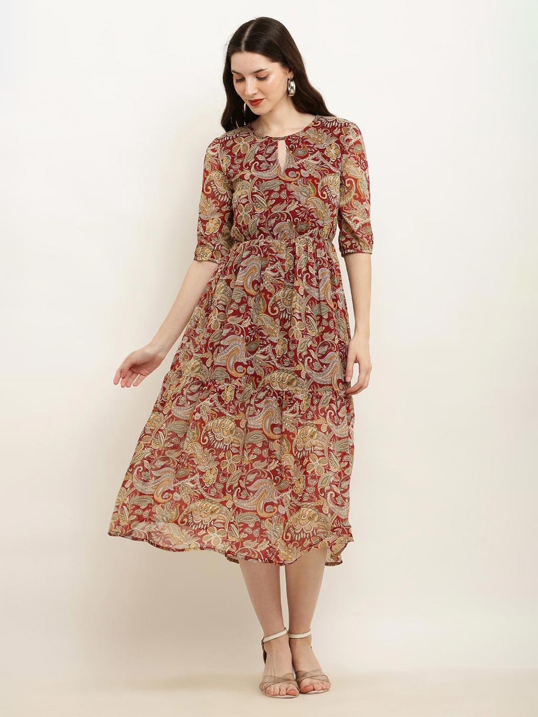 

SQew Ethnic Motifs Print Keyhole Neck Georgette Fit & Flare Midi Dress, Maroon