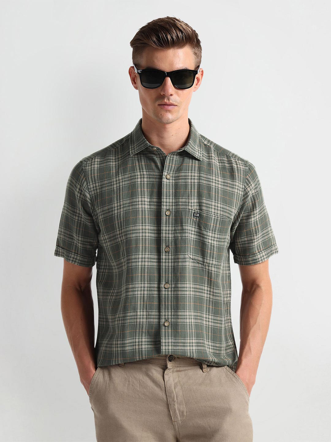 

Arrow Sport Tartan Checked Spread Collar Casual Shirt, Green