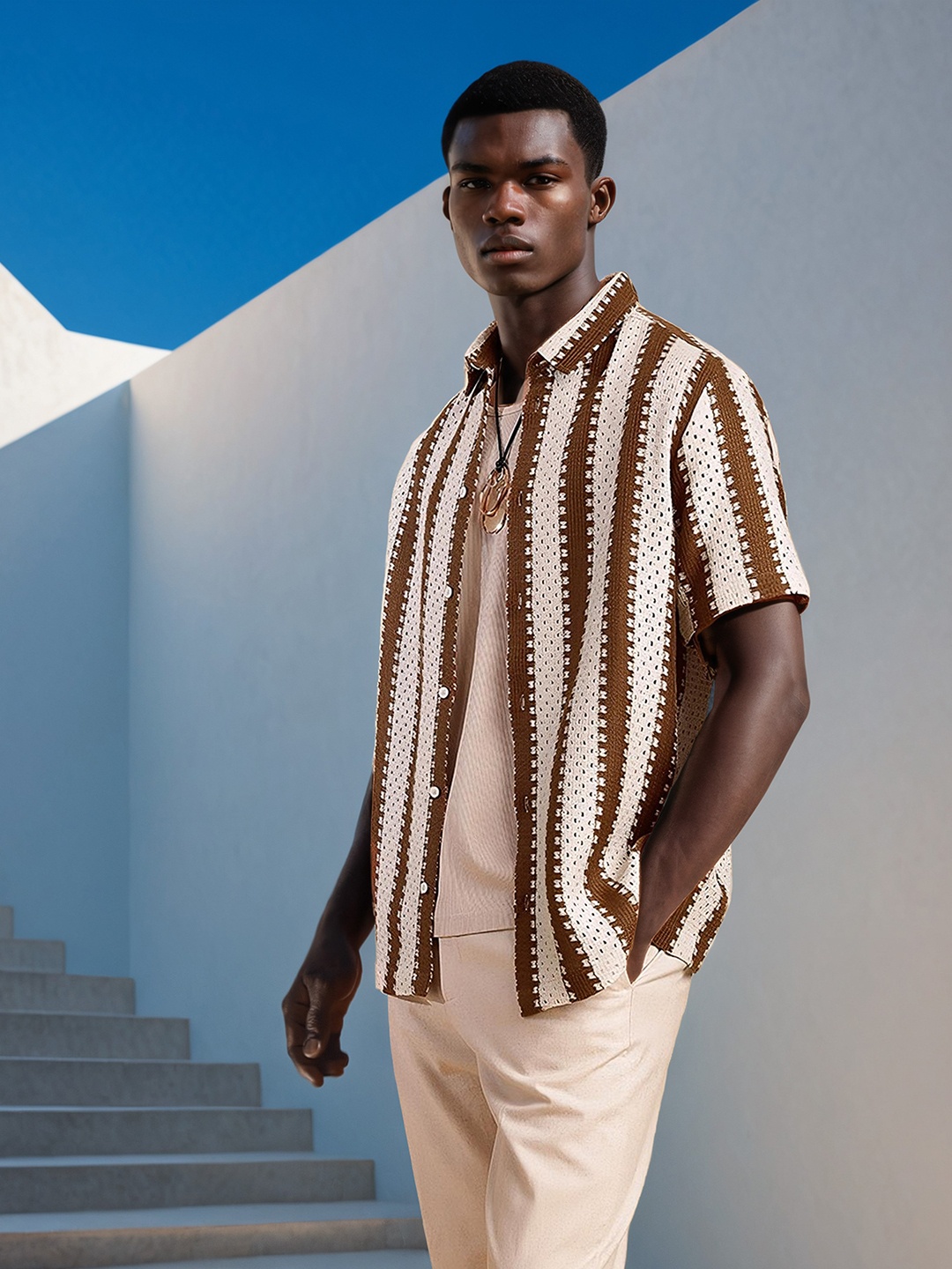 H&M Crochet Striped Resort Shirt, Brown