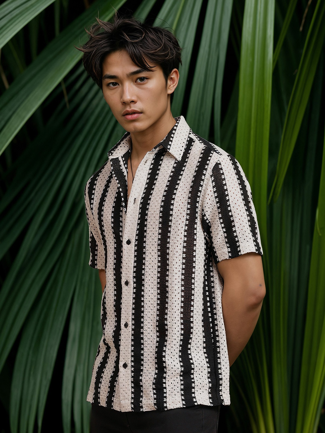 

H&M Crochet Striped Short Sleeve Shirt, Black