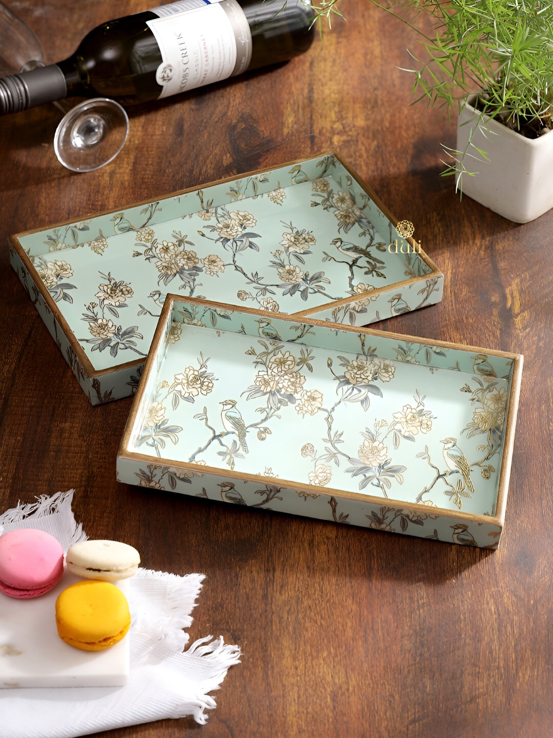 

DULI 2 Pieces Enamel Coated Print Rectangular Serving Trays, Blue