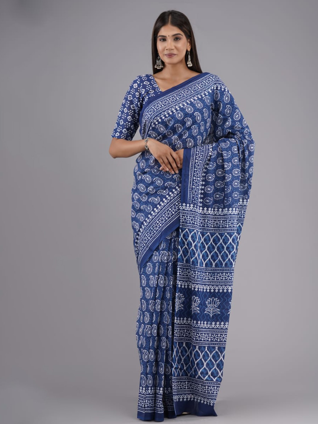 

clothonus Pure Cotton Ethnic Motifs Block Print Saree, Blue