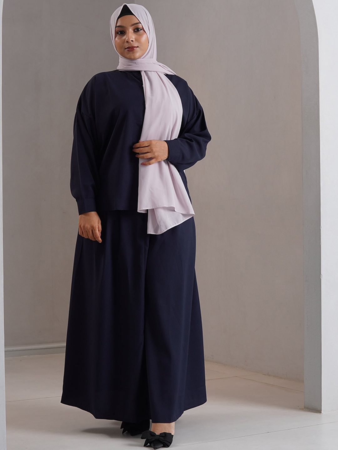

Modest Essentials Shirt Collar Long Sleeves Shirt With Skirt, Navy blue