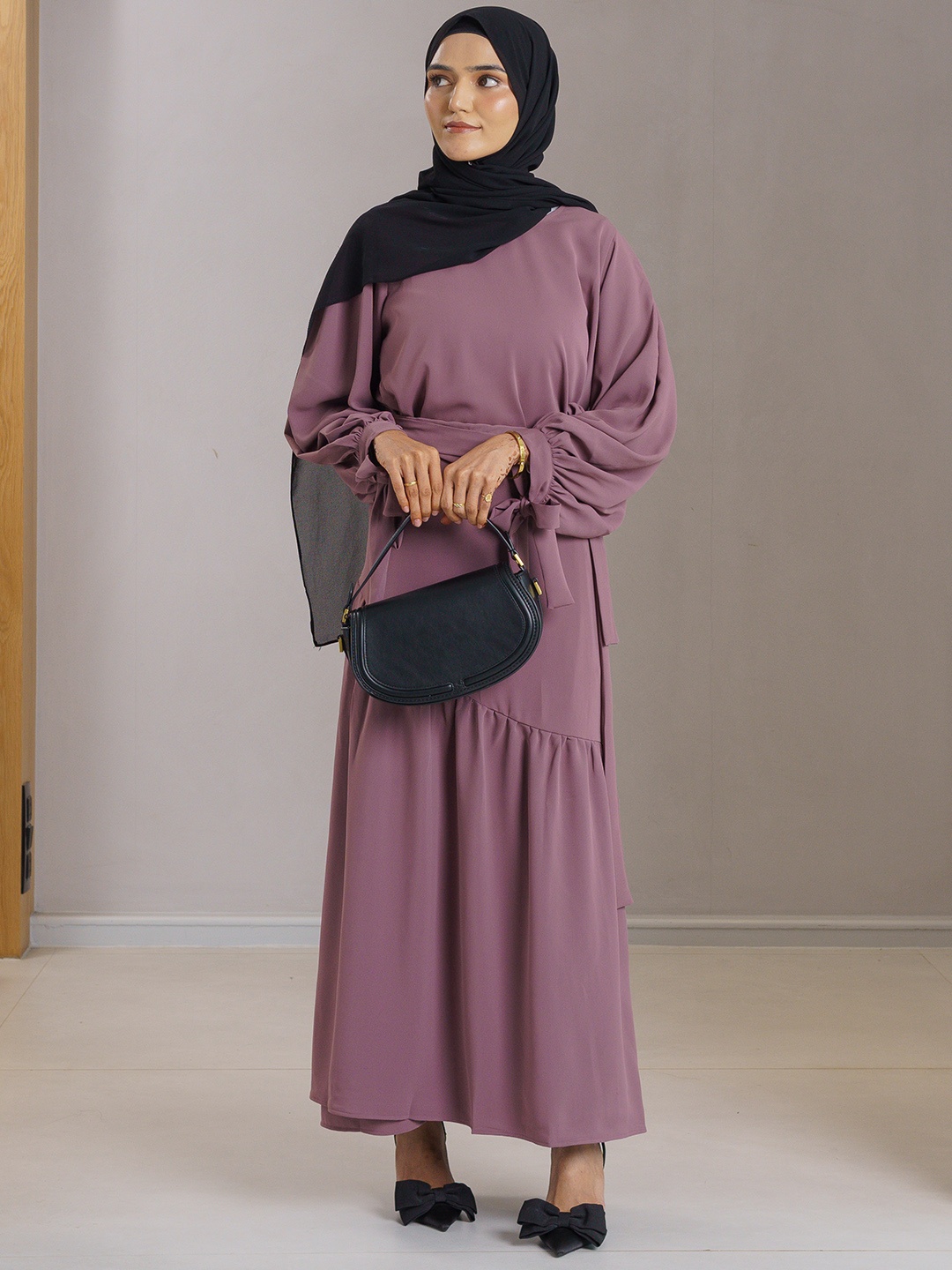 

Modest Essentials Cotton Long Sleeves Top With Wrap Skirt, Mauve