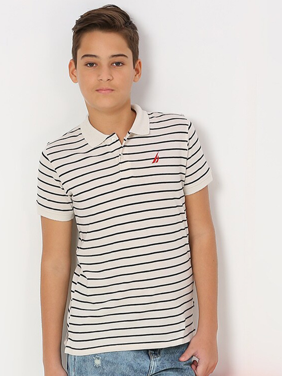 

Nautica Boys Striped Polo Collar Cotton T-shirt, Off white