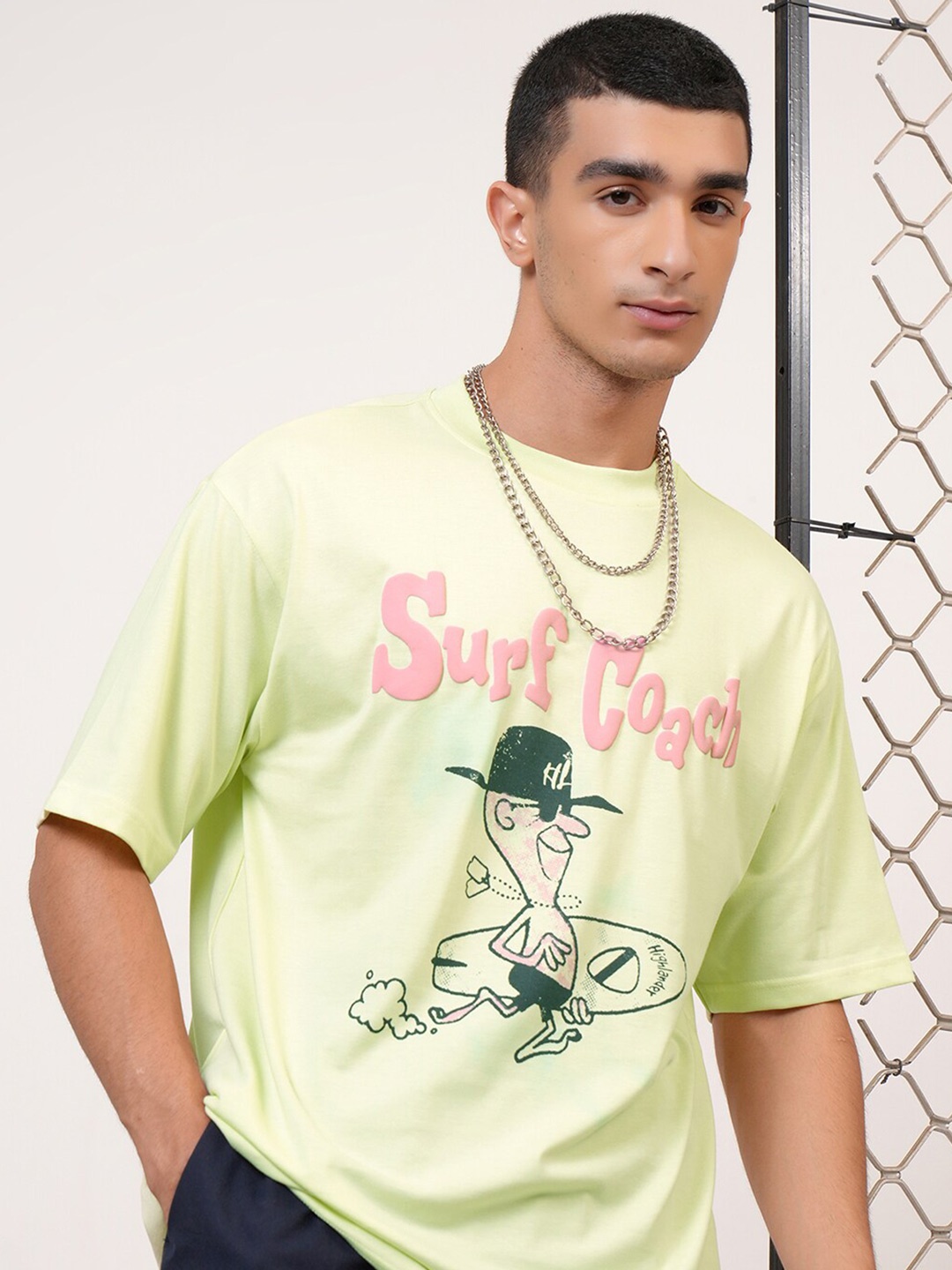 

HIGHLANDER Typography Puff Printed Drop-Shoulder Sleeves Relaxed Fit T-shirt, Lime green