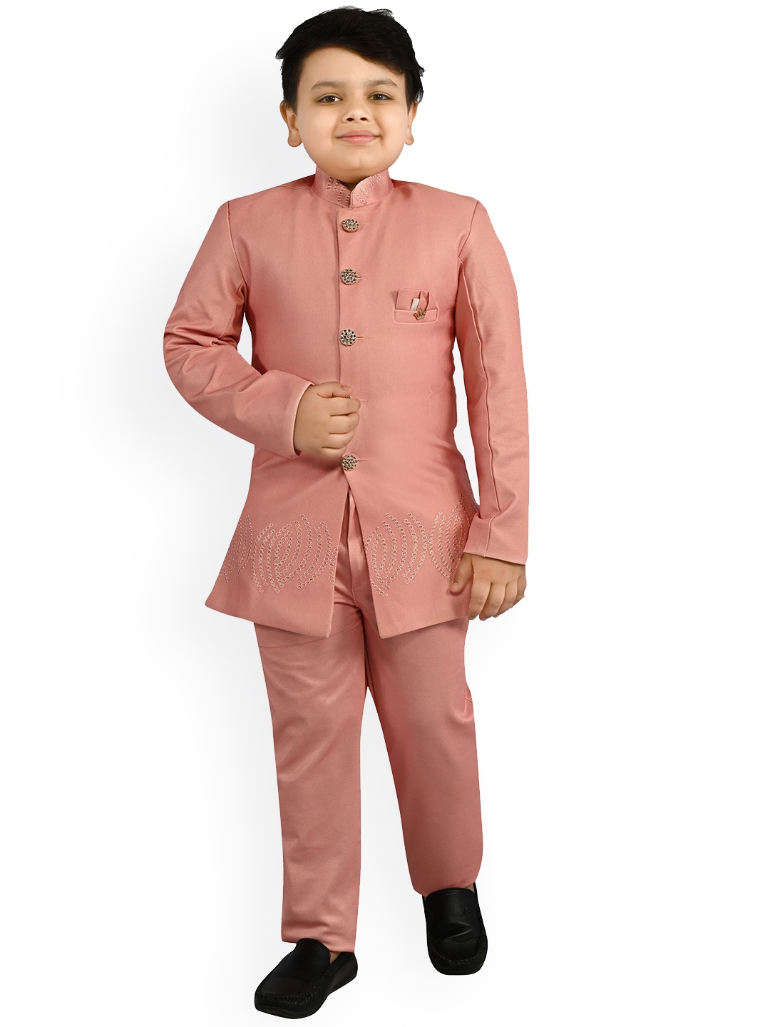 

BAESD Boys Embroidered Band Collar Sherwani Set, Peach