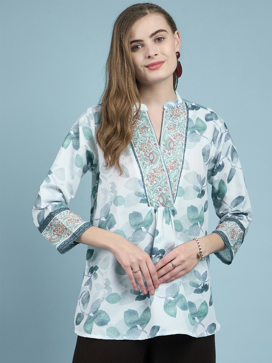 

all about you White Floral Printed Mandarin Collar Cotton Top
