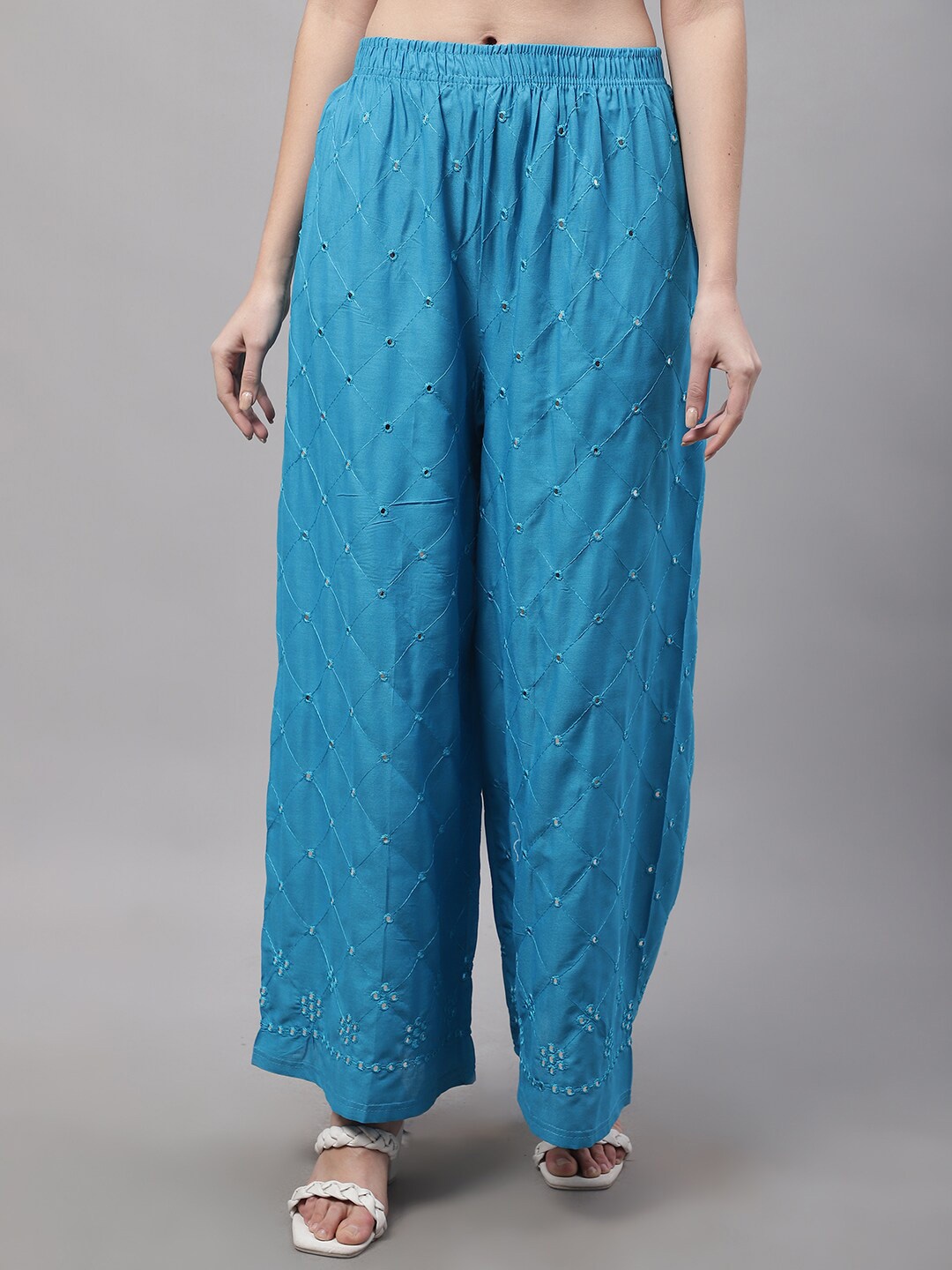 

Jinfo Women Floral Embroidered Flared Knitted Ethnic Palazzos, Turquoise blue