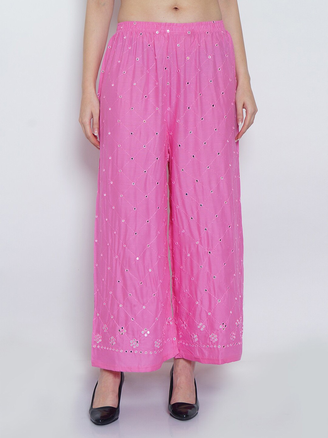 

Jinfo Embroidered Mirror Work Flared Knitted Ethnic Palazzos, Pink