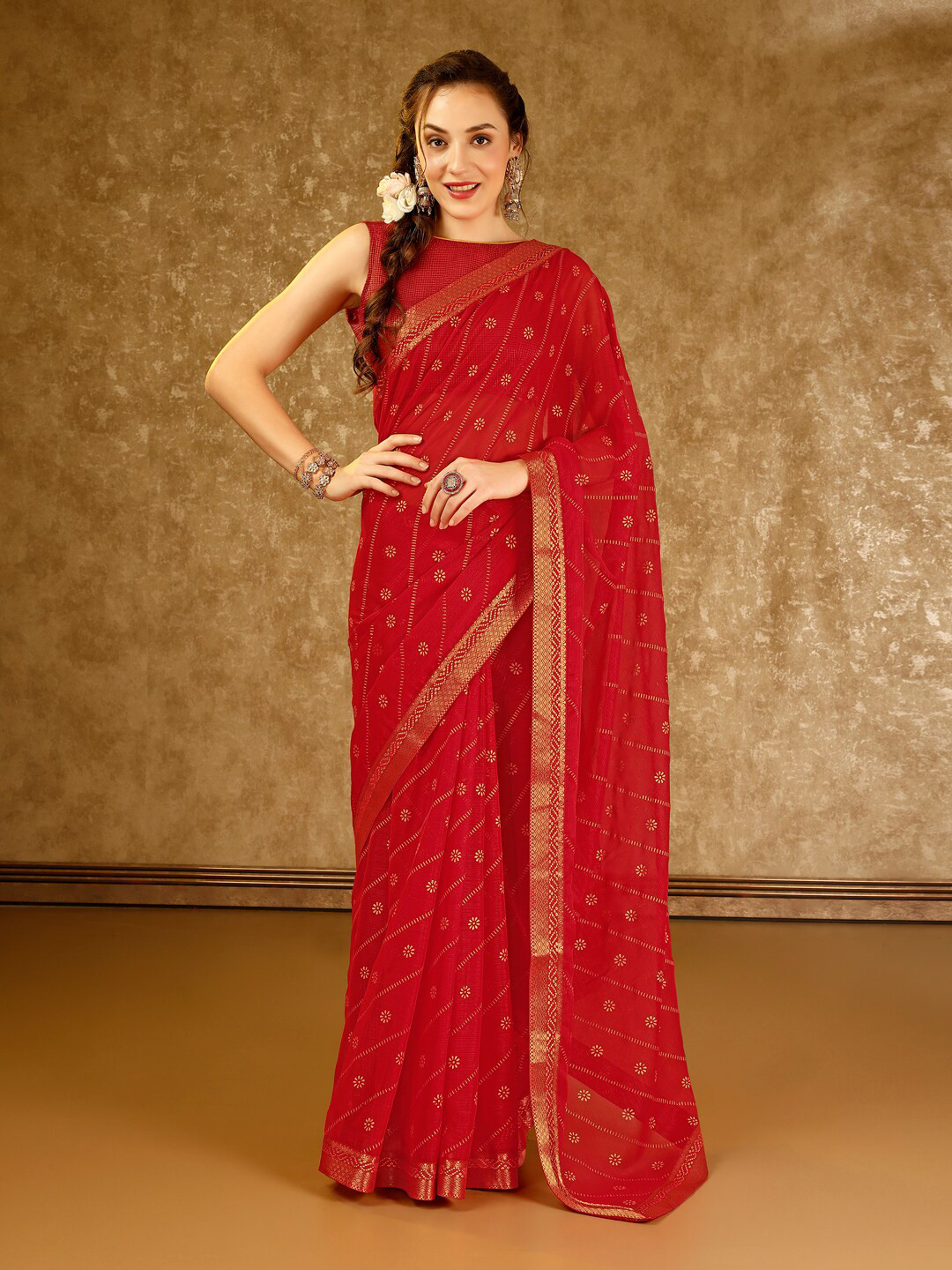 

HERE&NOW Floral Embellished Zari Pure Chiffon Saree, Red