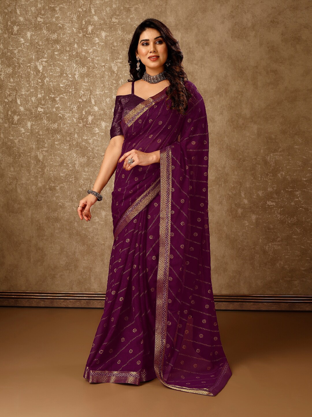 

HERE&NOW Floral Embellished Zari Pure Chiffon Saree, Purple
