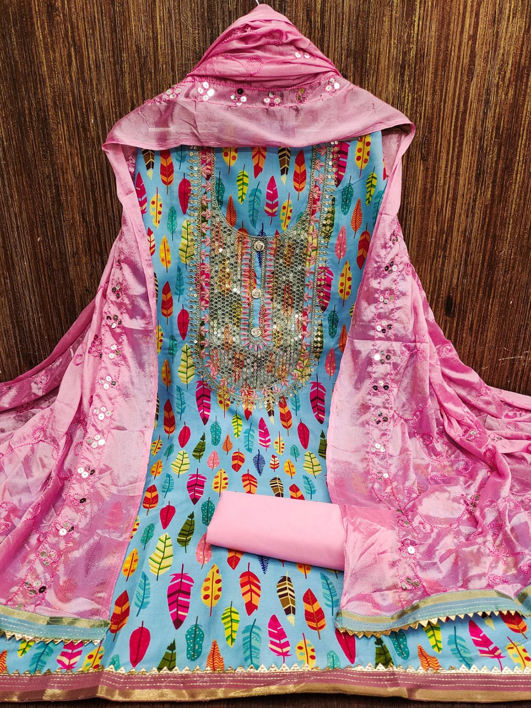 

LeeliPeeri Designer Floral Printed Beads and Stones Unstitched Dress Material, Blue