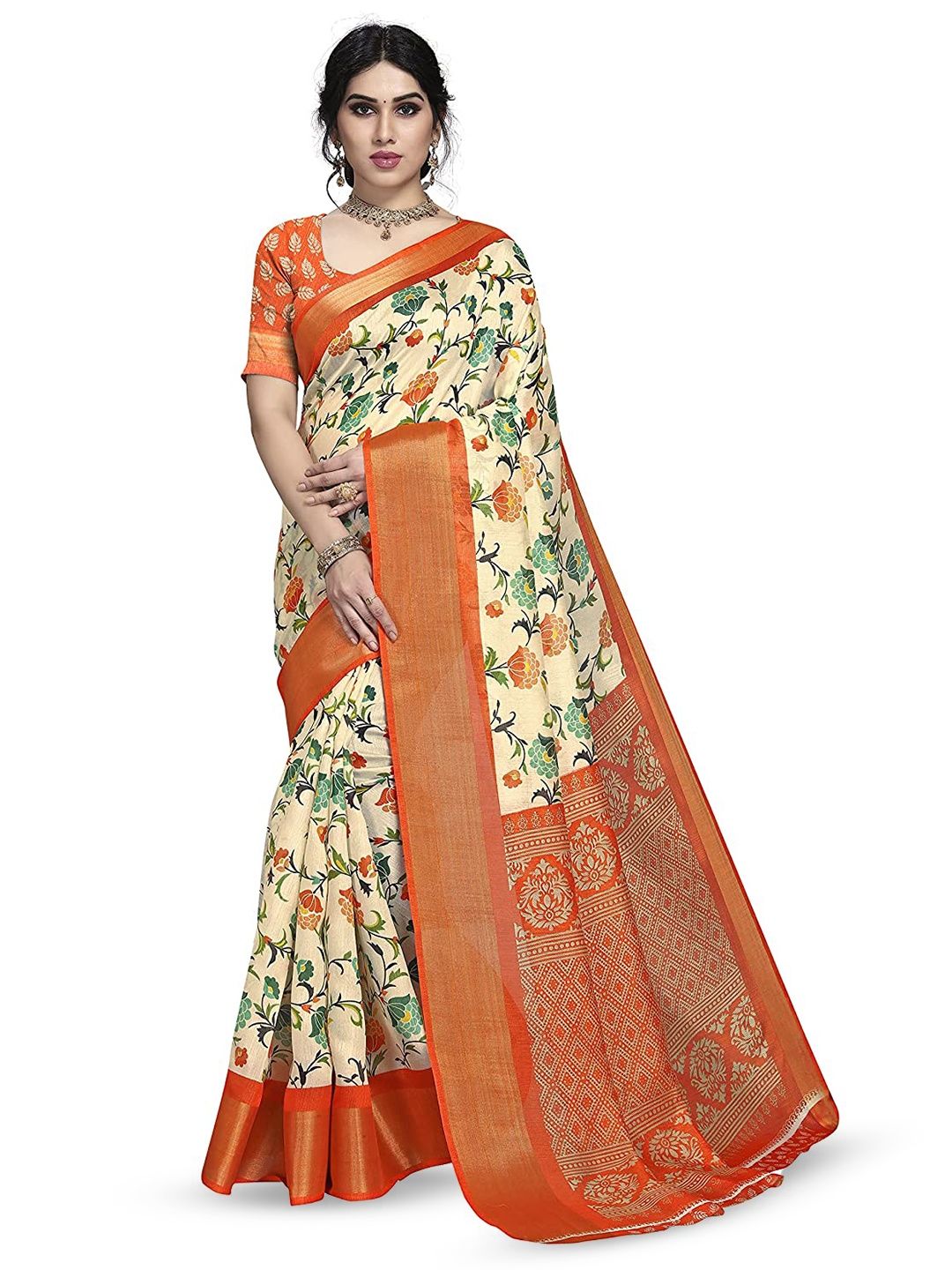 

Marabout Floral Printed Woven Design Zari Banarasi Saree, Orange