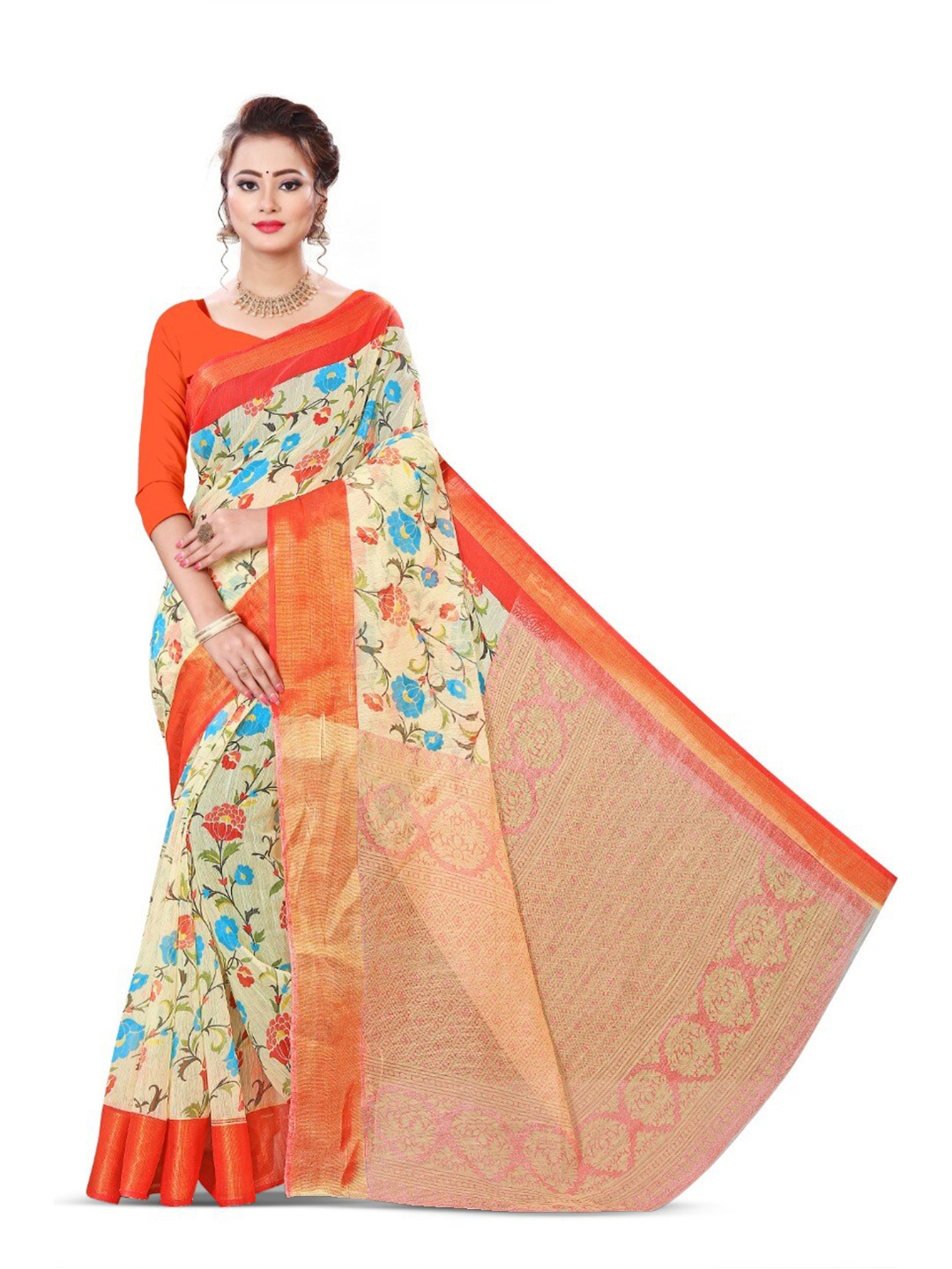 

Marabout Floral Printed Zari Banarasi Saree, Cream