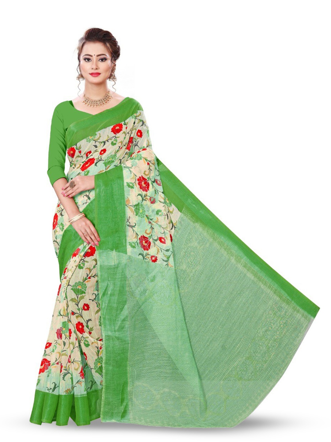 

Marabout Floral Printed Banarasi Saree, Green