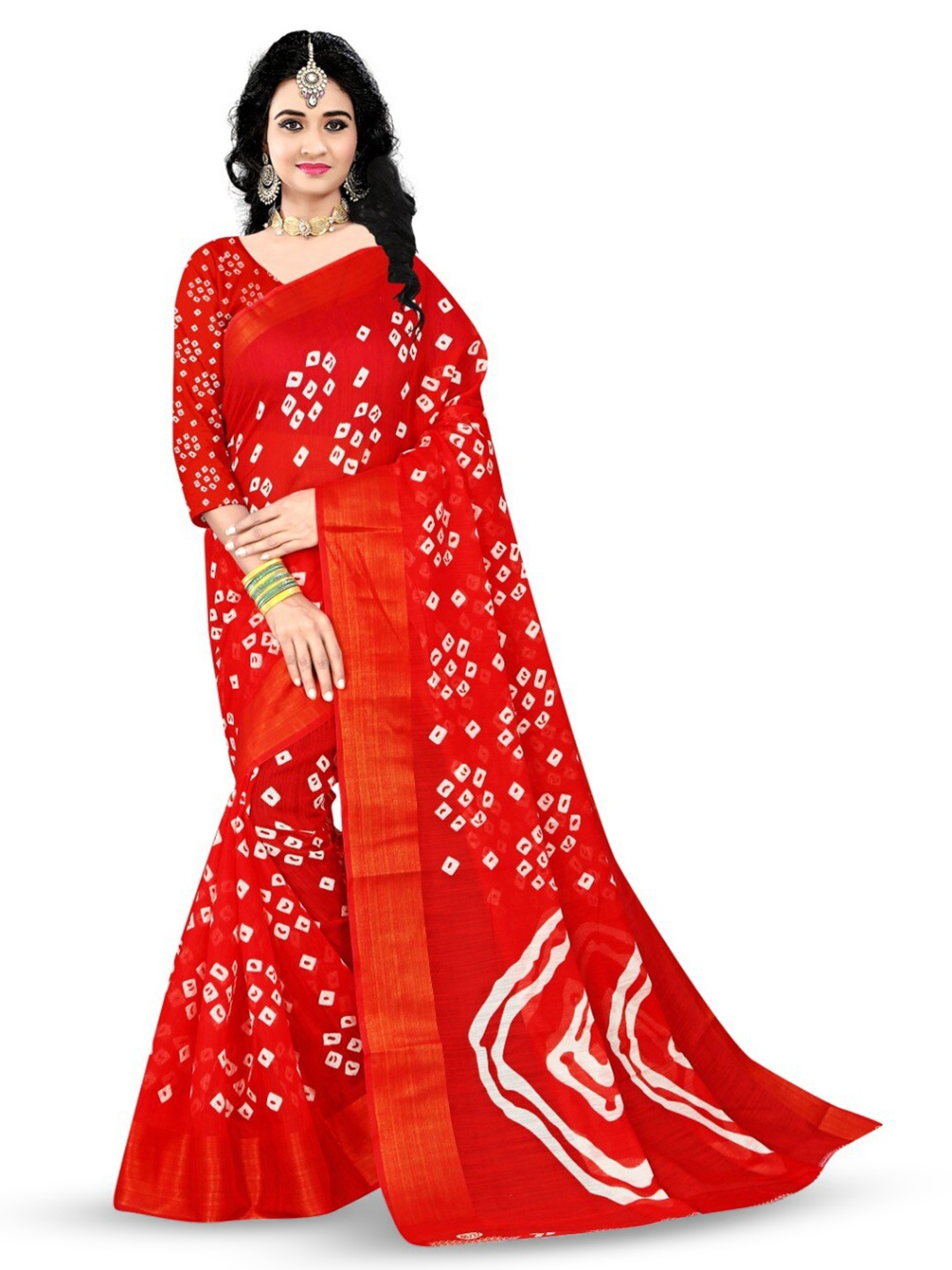 

Marabout Bandhani Printed Zari Saree, Red