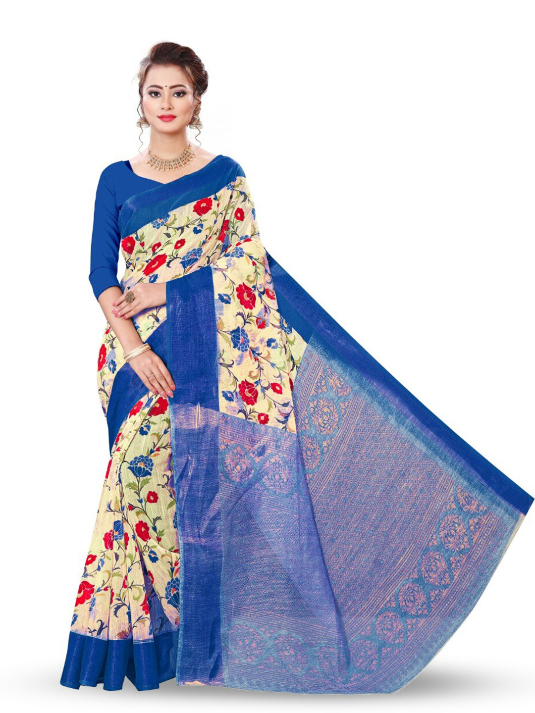 

Marabout Floral Printed Zari Saree, Blue