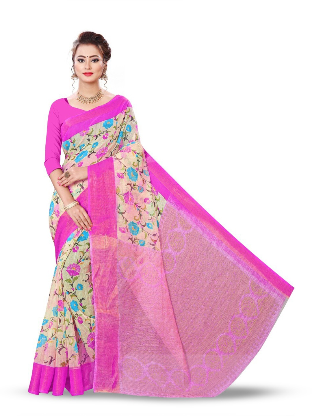 

Marabout Floral Printed Embellished Banarasi Saree, Cream