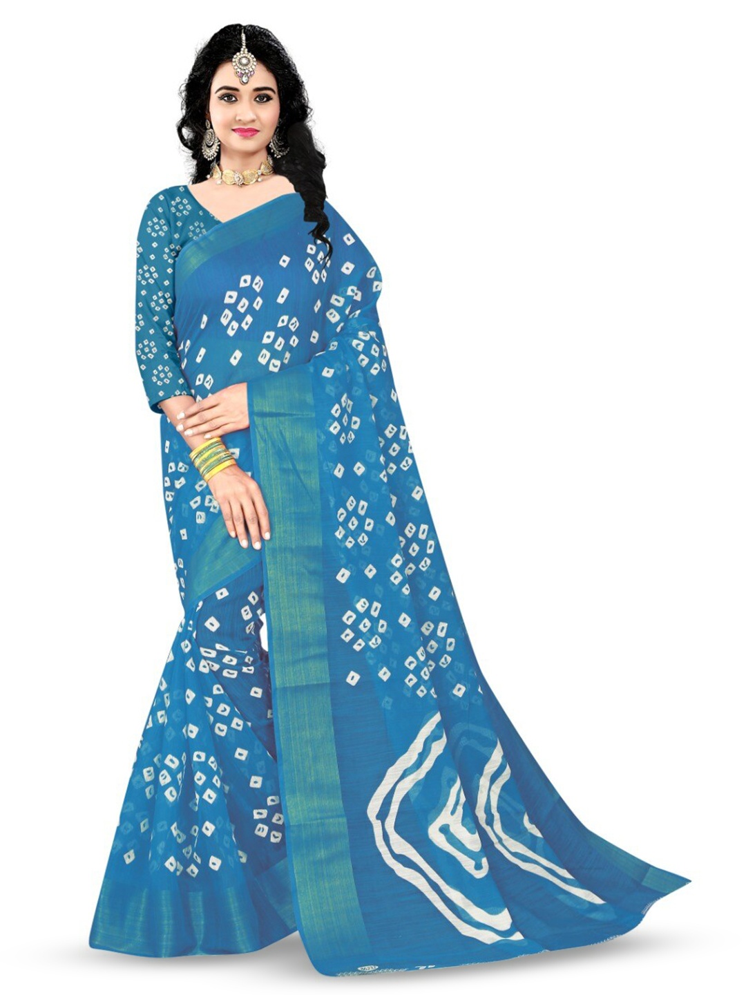 

Marabout Bandhani Printed Zari Saree, Blue