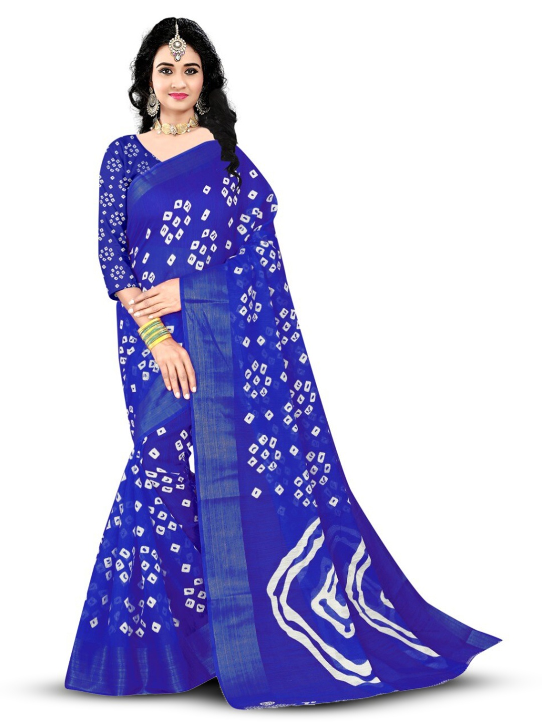 

Marabout Bandhani Printed Zari Bandhani Saree, Blue