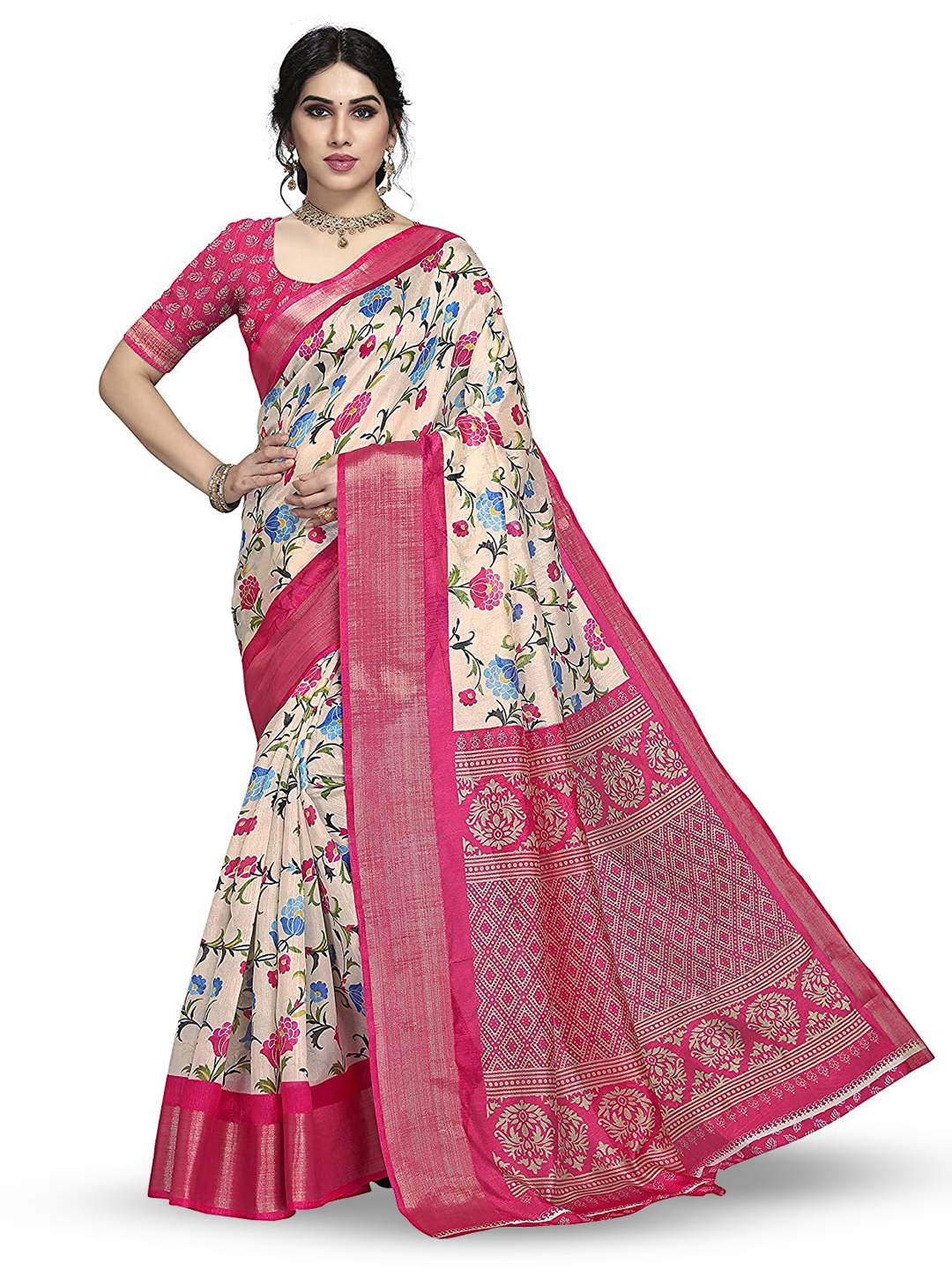 

Marabout Floral Printed Woven Design Zari Banarasi Saree, Pink