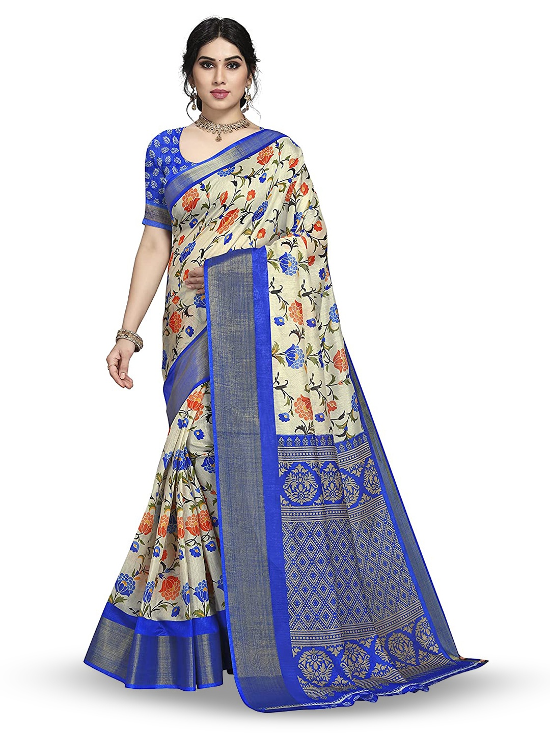 

Marabout Floral Printed Zari Banarasi Saree, Blue