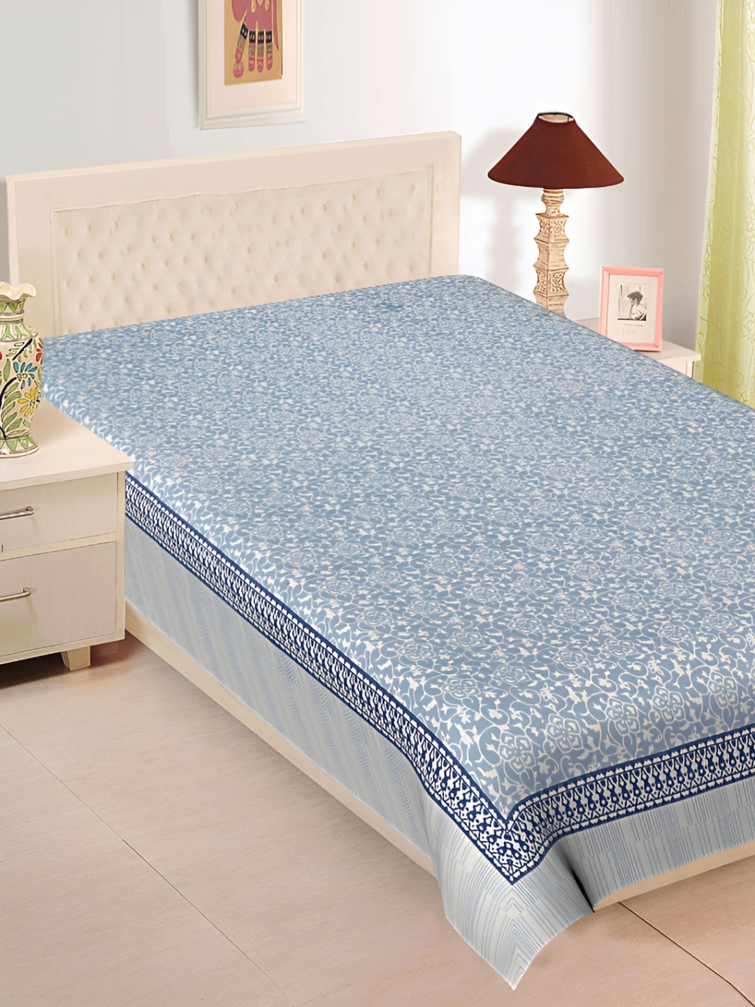 

SARYU HOMES Blue & White Floral Printed Cotton 210 TC Single Bedsheet