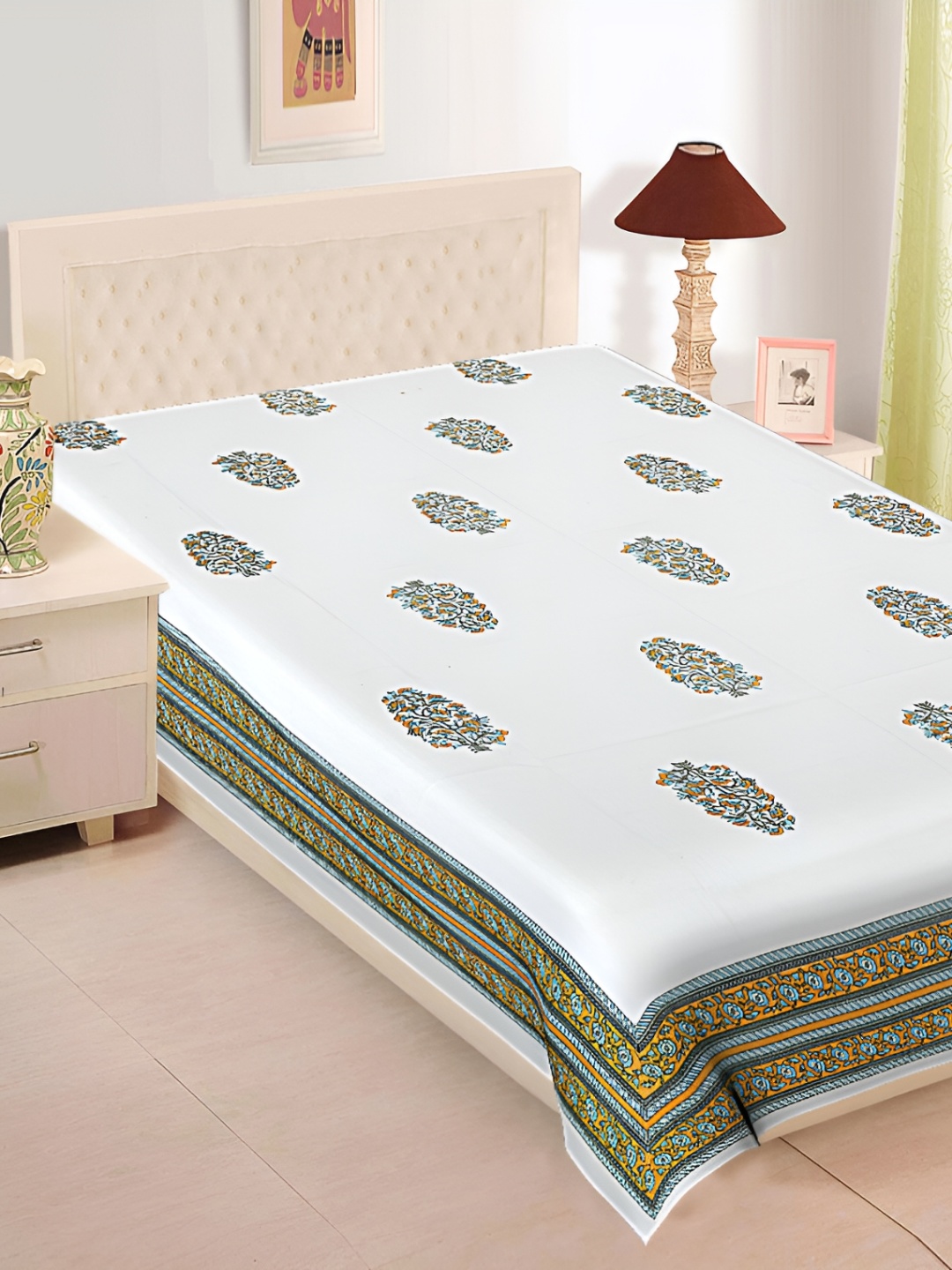 

SARYU HOMES Green & White Ethnic Motifs Cotton 210 TC Single Bedsheet