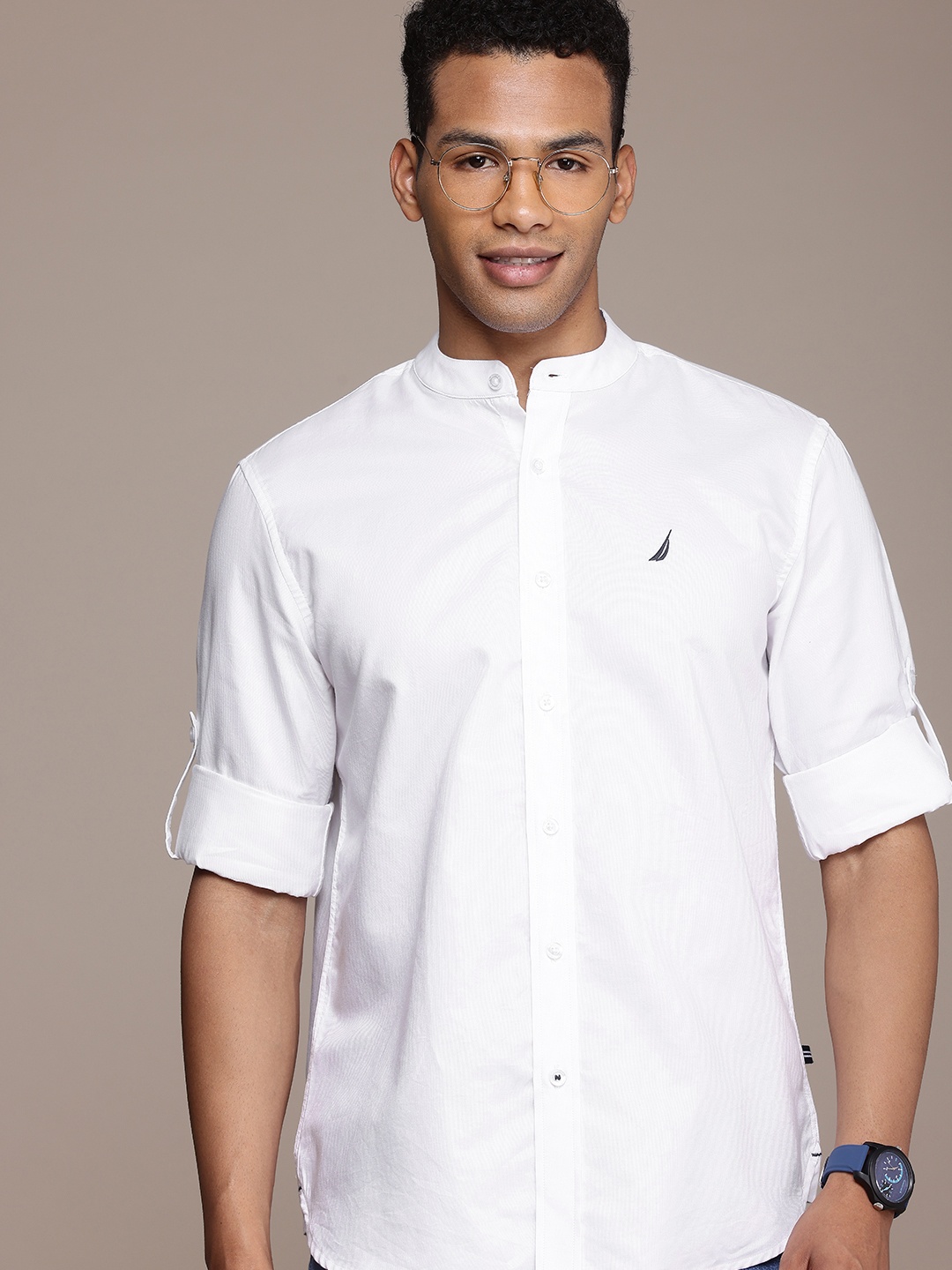 

Nautica Slim Fit Band Collar Pure Cotton Casual Shirt, White