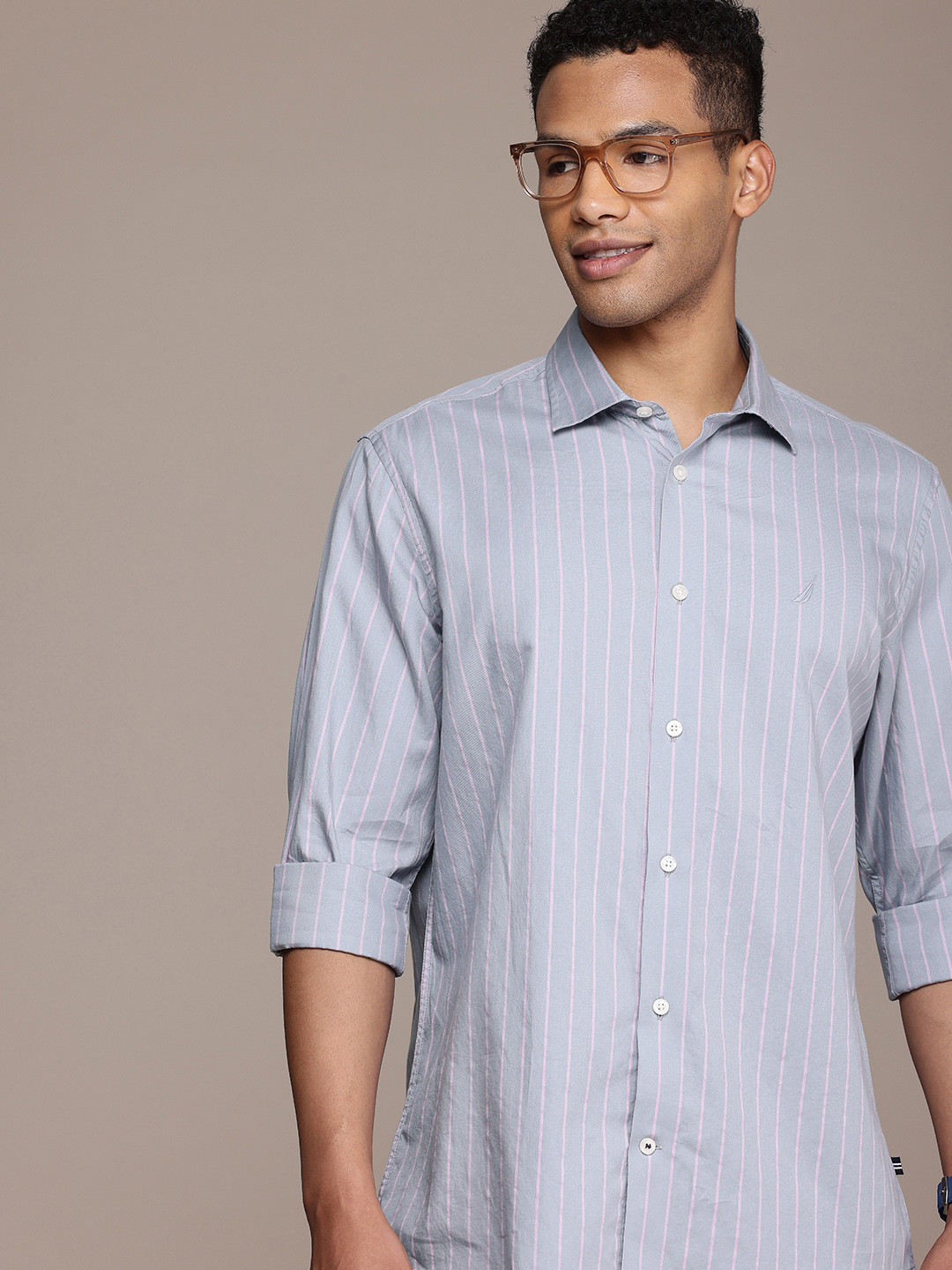 

Nautica Pure Cotton Classic Fit Striped Casual Shirt, Grey