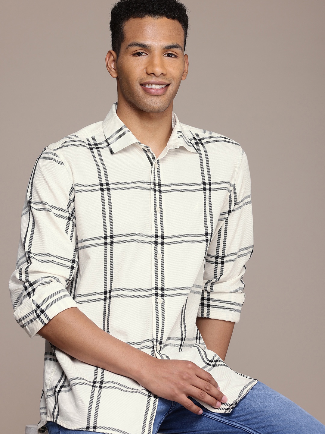 

Nautica Pure Cotton Classic Fit Checked Casual Shirt, Off white