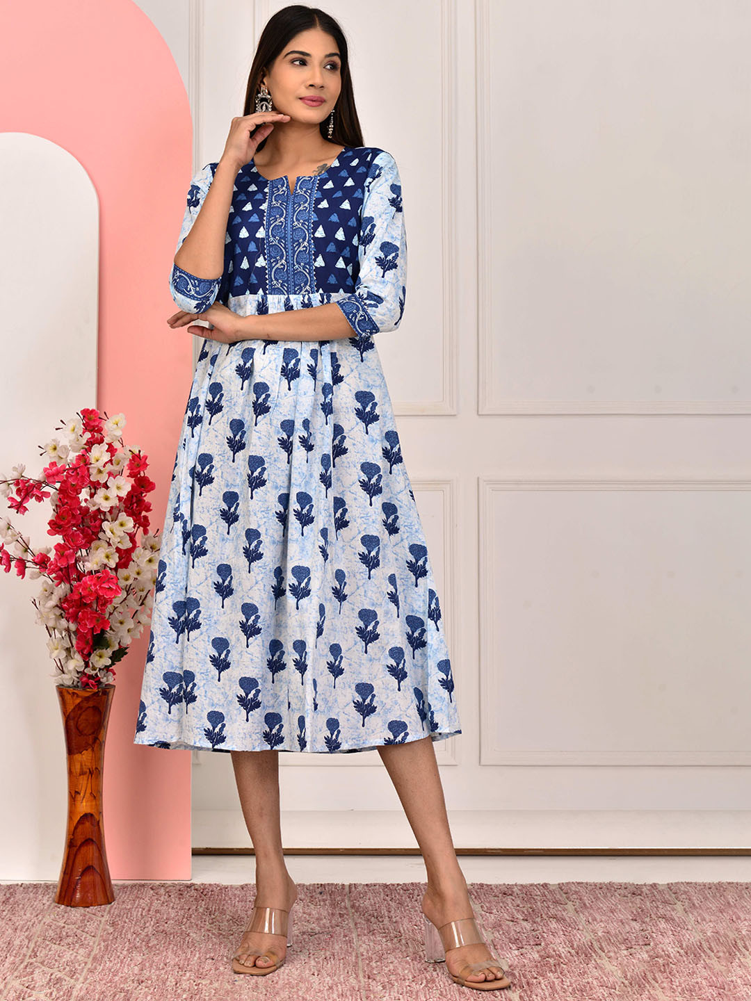 

PARCHHAI Floral Printed Gotta Patti Pleated Fit & Flare Cotton Ethnic Dress, Navy blue