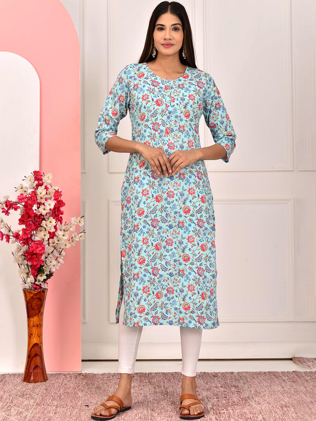 

PARCHHAI Floral Printed Pure Cotton Straight Kurta, Blue