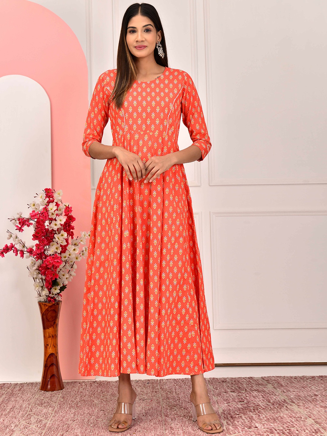 PARCHHAI Ethnic Printed Pure Cotton Fit & Flare Ethnic Dress, Orange