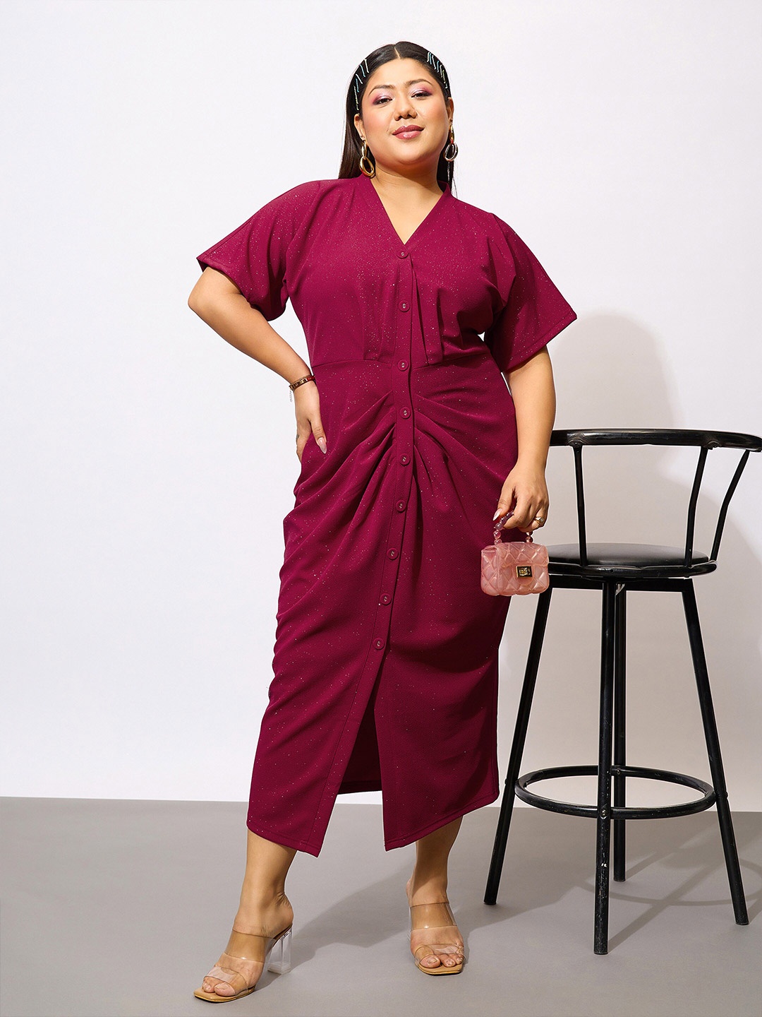 

SASSAFRAS Curve Plus Size Maroon V-Neck Flared Sleeves Gathered A-Line Midi Dress