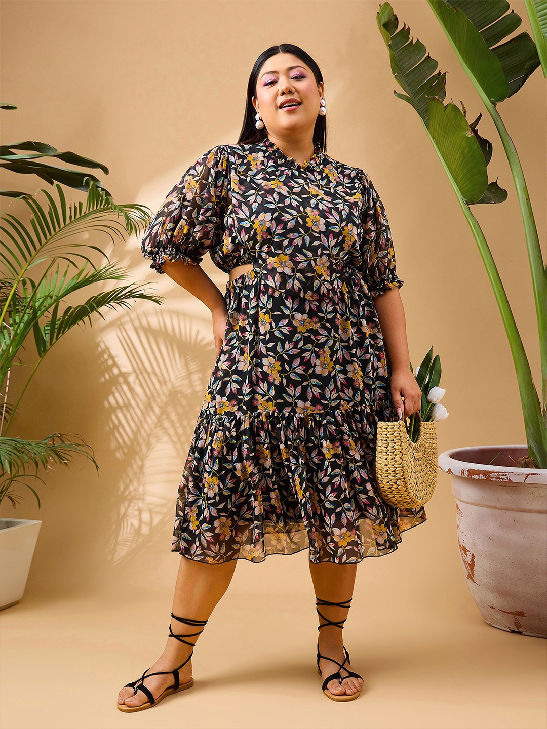

SASSAFRAS Curve Plus Size Floral Printed Tiered Georgette Fit and Flare Midi Dress, Black