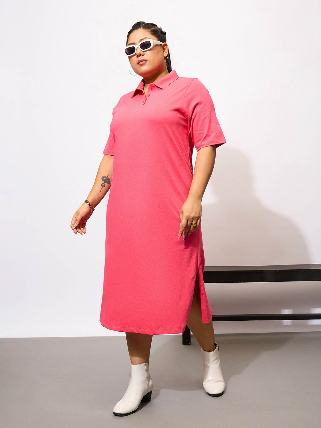 

SASSAFRAS Curve Plus Size Polo Neck T Shirt Pure Cotton Midi Dress, Fuchsia