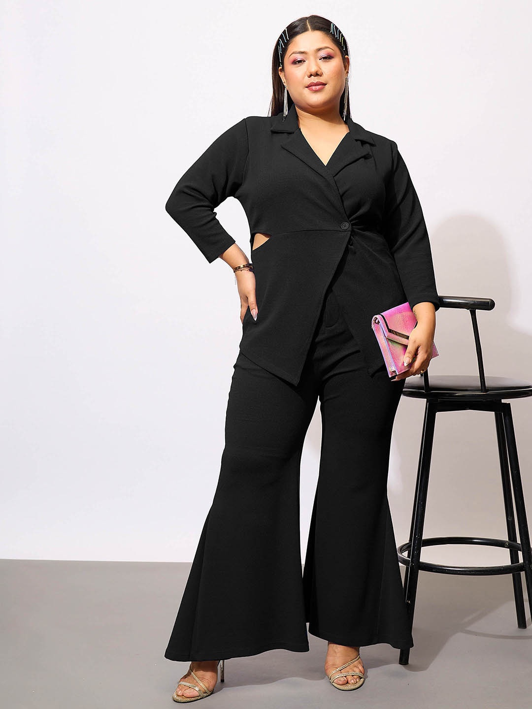 

SASSAFRAS Curve Plus Size Lapel Collar Neck Blazer & Straight Trouser, Black