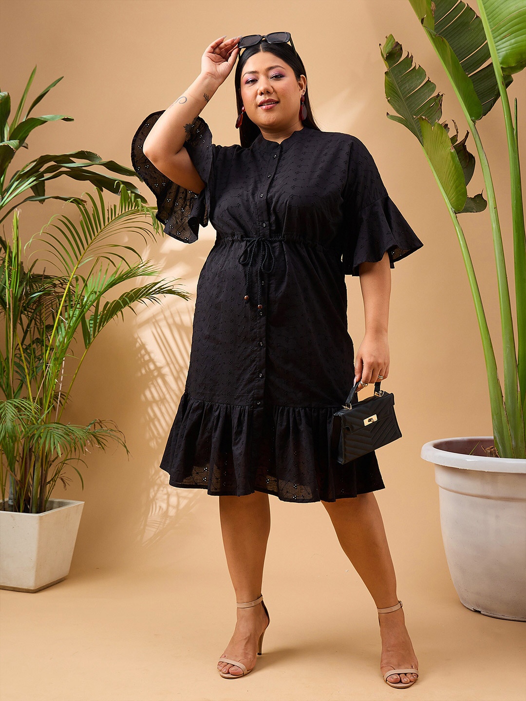 

SASSAFRAS Curve Plus Size Black Schiffli Self Design Flared Sleeve Cotton A-Line Dress