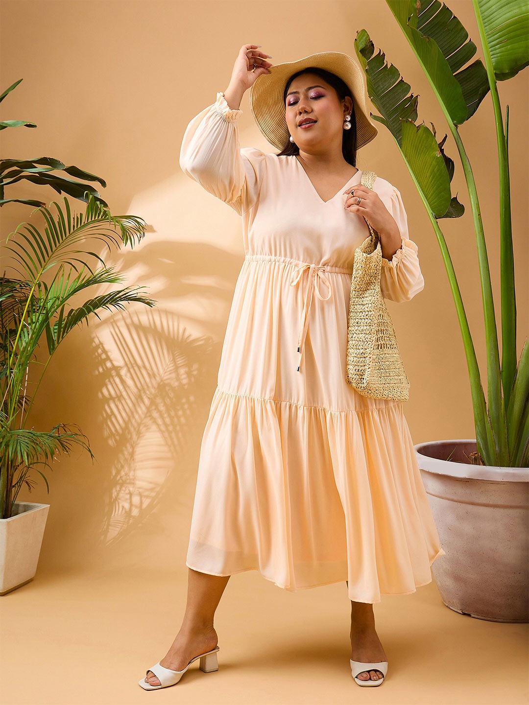 

SASSAFRAS Curve Plus Size V-Neck Puff Sleeves Georgette Fit & Flare Tiered Midi Dress, Peach