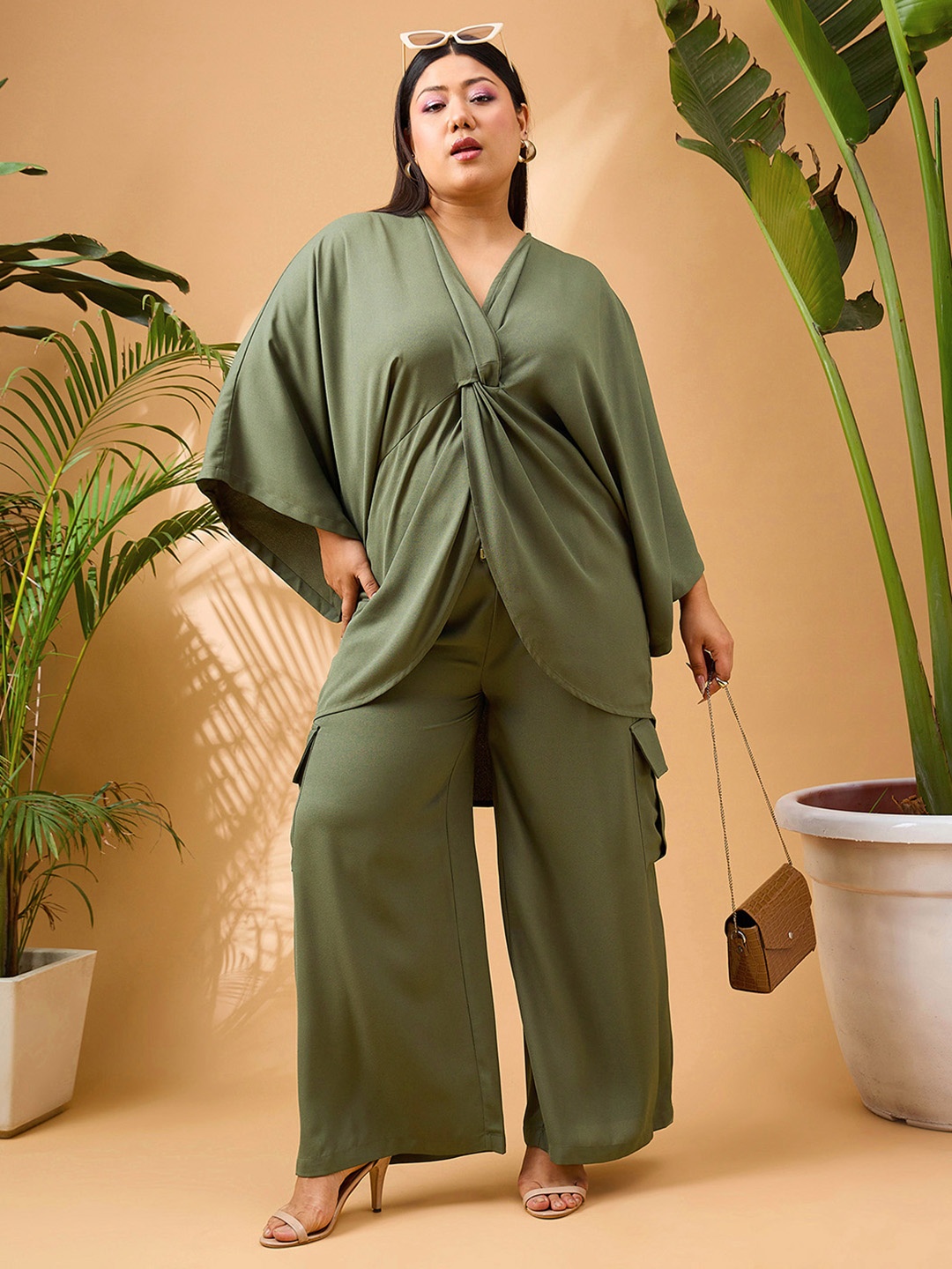 

SASSAFRAS Curve Plus Size Olive High-Low Front Knot Top & Cargo Trousers Co-Ords