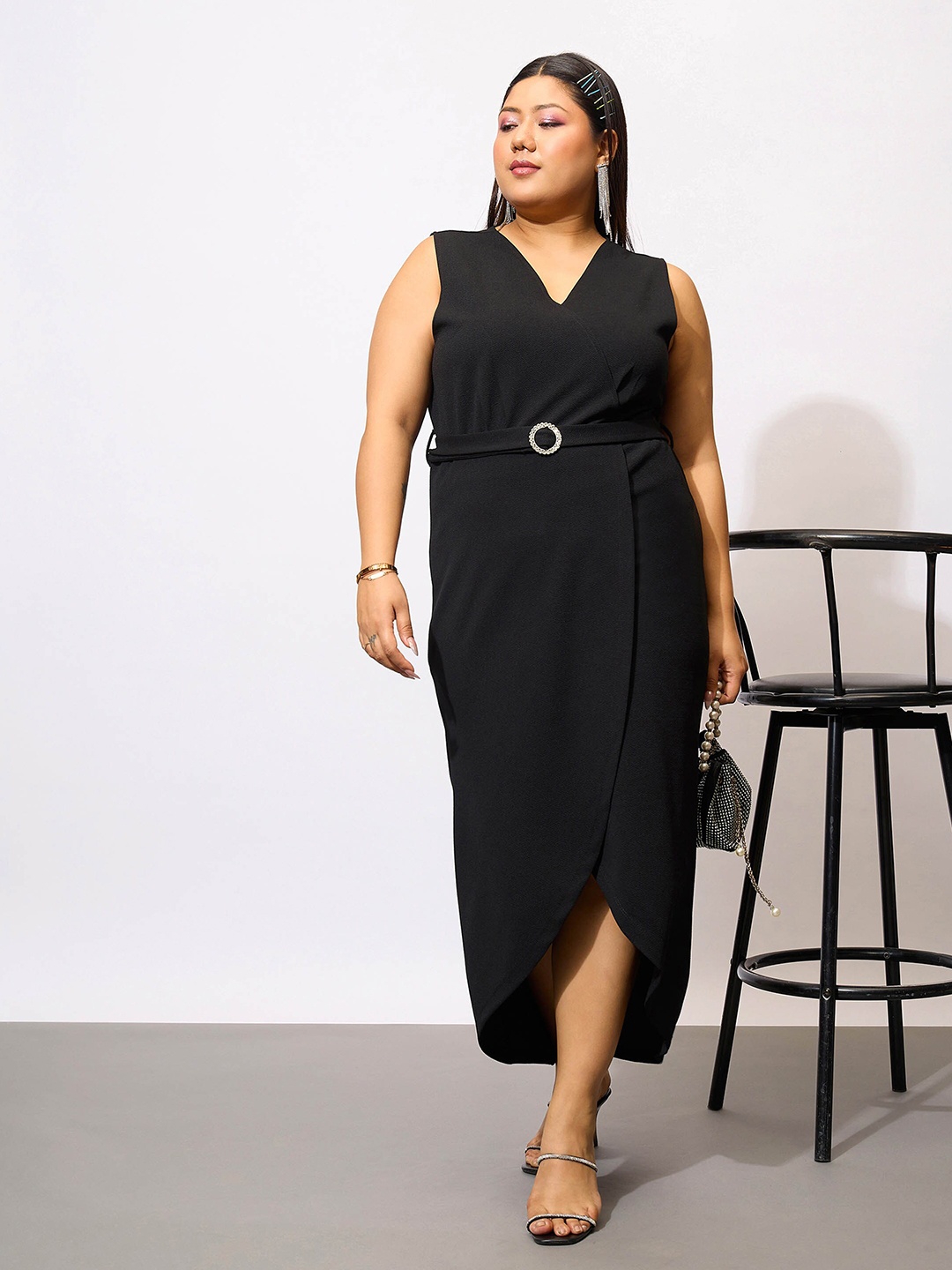 

SASSAFRAS Curve Plus Size Wrap Bodycon Midi Dress, Black
