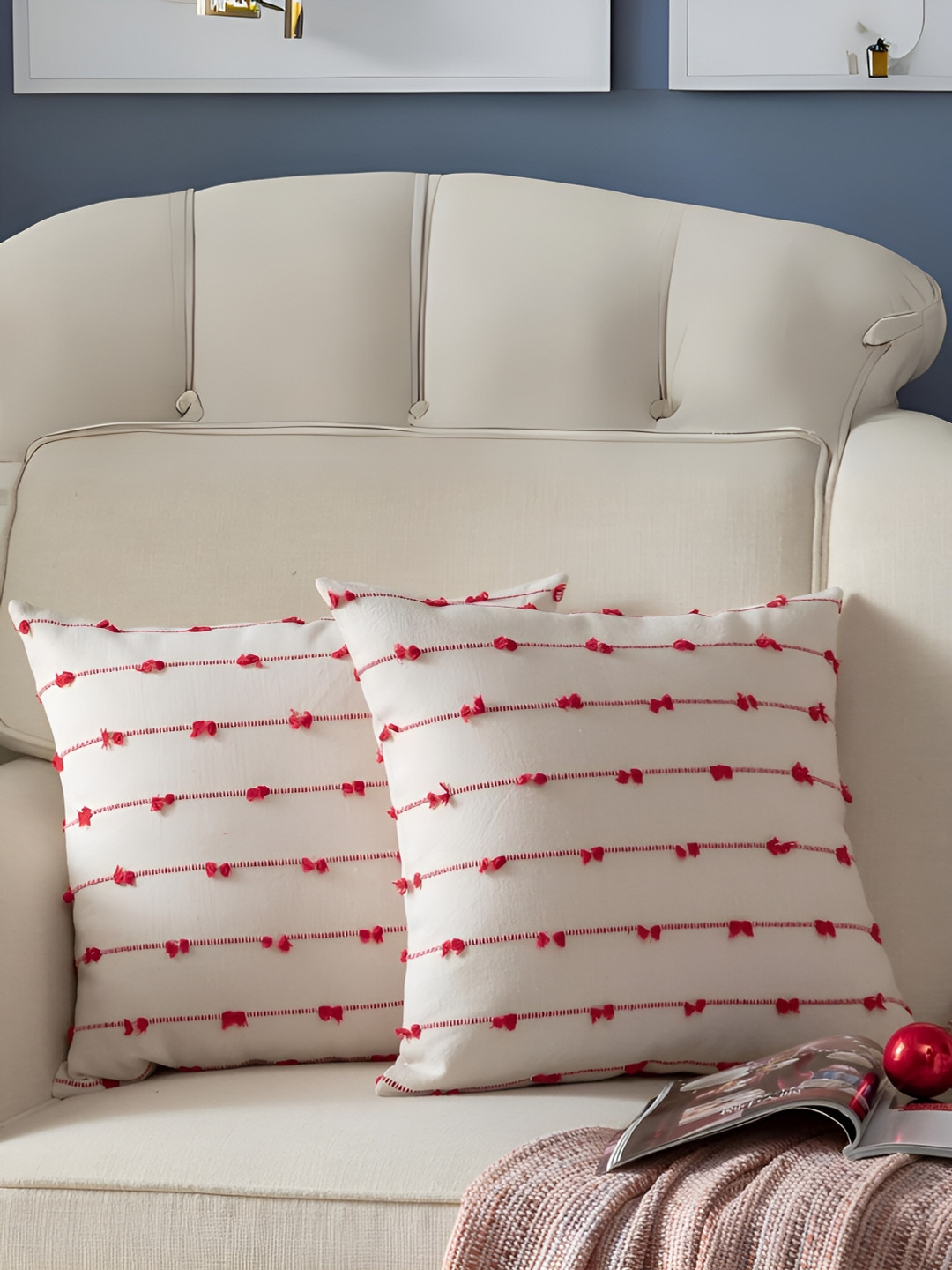 

stuffique Red & Beige 2 Pieces Striped Embellished Square Cotton Cushion Covers