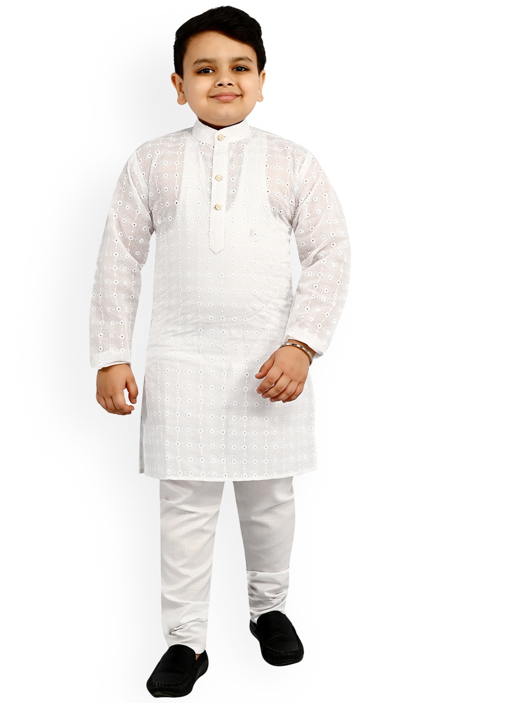 

BAESD Boys Mandarin Collar Striped Regular Kurta with Pyjamas, White