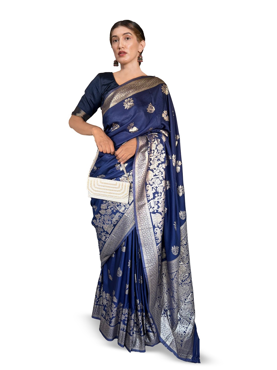 

NK Textiles Ethnic Motifs Woven Design Zari Silk Cotton Banarasi Saree, Navy blue