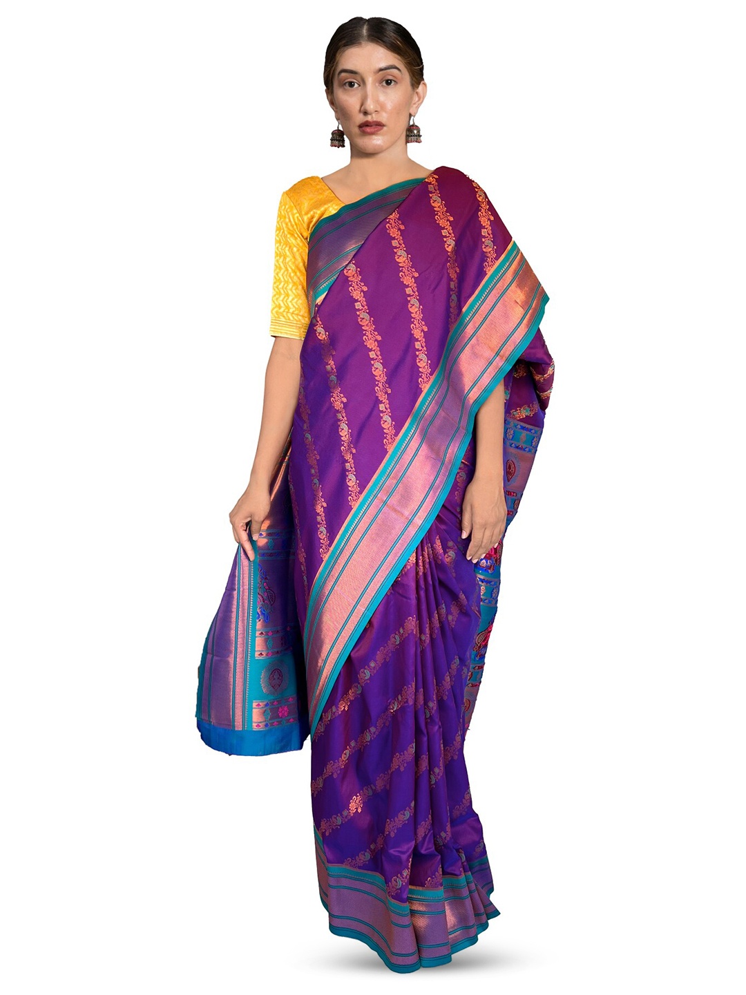 

NK Textiles Striped Woven Design Zari Leheriya Saree, Purple