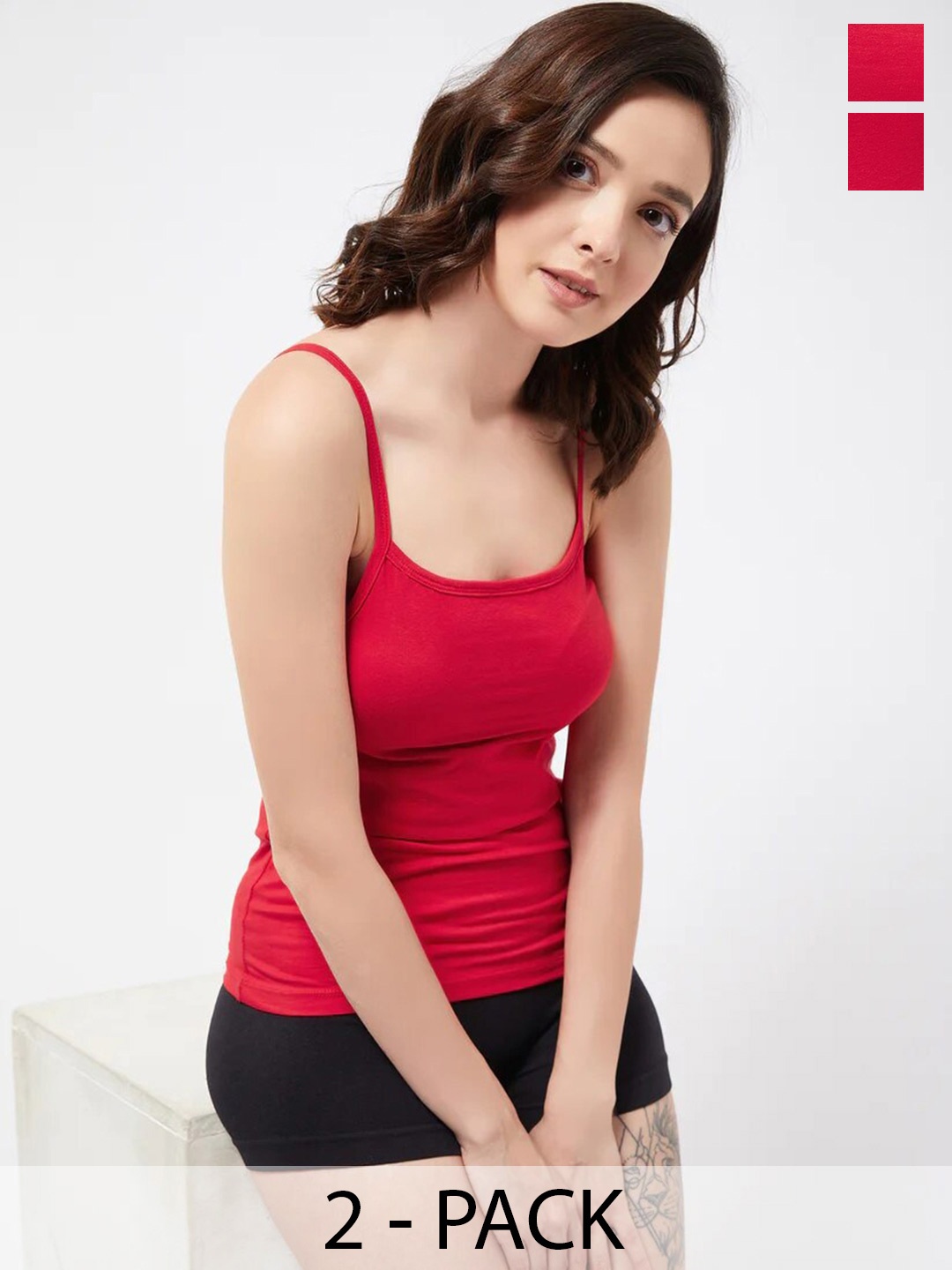 

COLOR CAPITAL Pack Of 2 Shoulder Straps Cotton Crop Top, Red