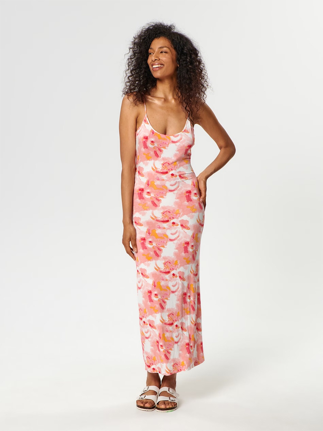

TANDUL Floral Printed Shoulder Strap Maxi Dress, Pink